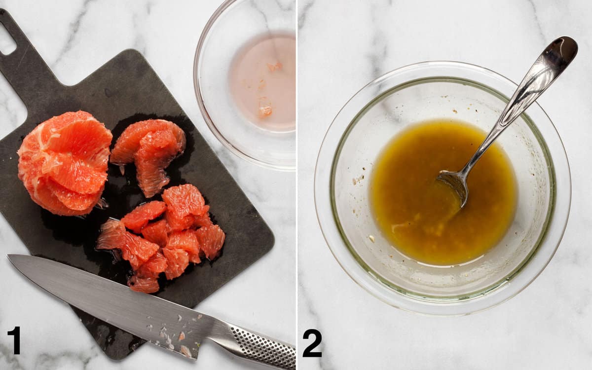 Grapefruit sliced on a cutting board with juice in a bowl. Dressing whisked together in a small bowl.