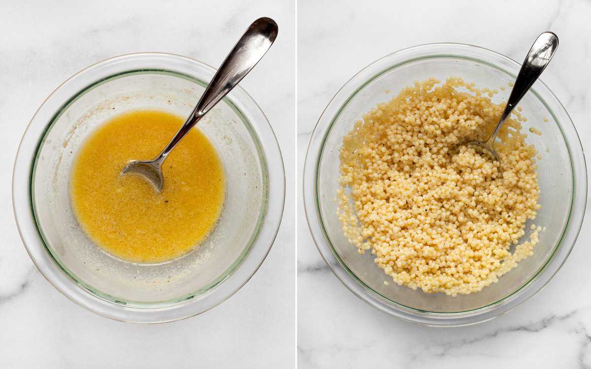 Whisk together the lemon tahini dressing in a small bowl. Stir the dressing into the couscous in a large bowl.