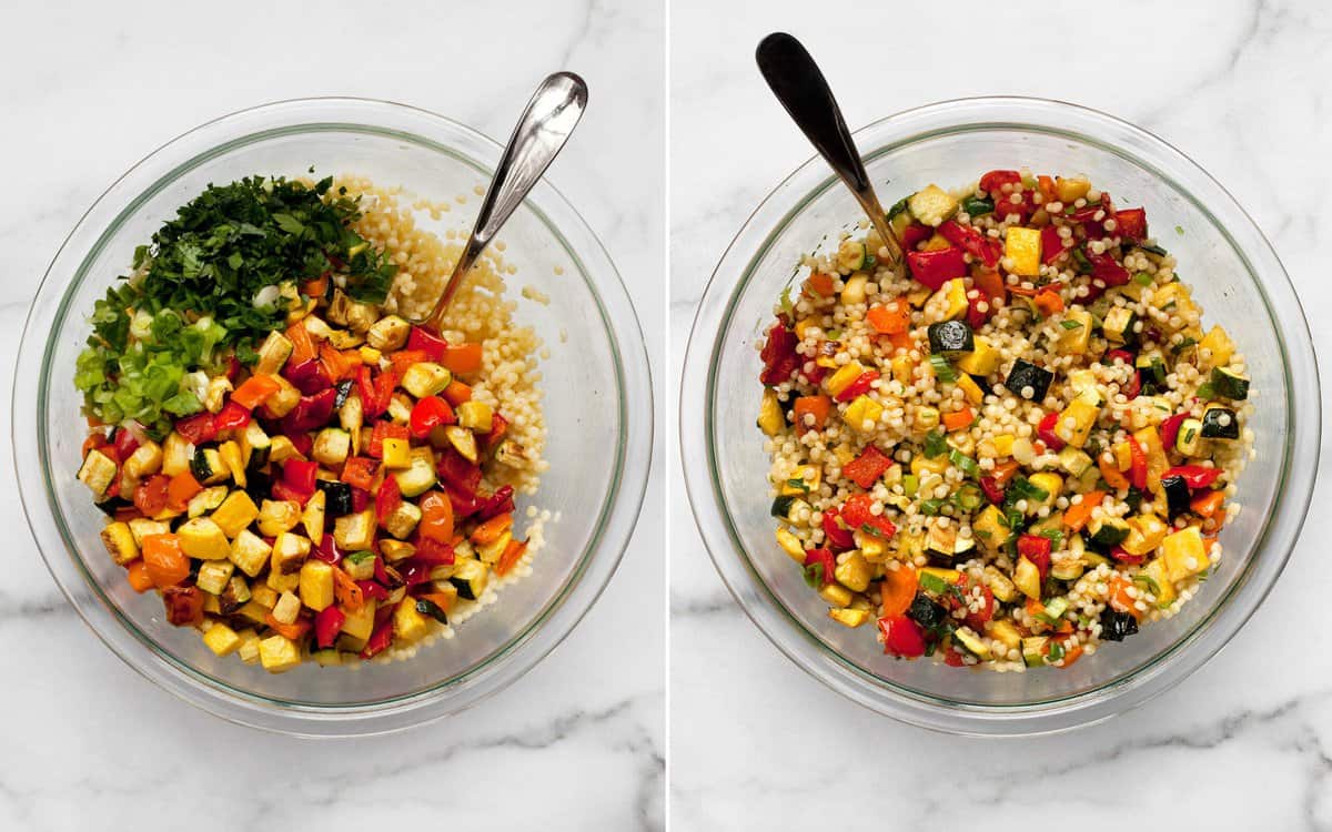 Add the roasted vegetables, scallions and parsley to the couscous in a bowl. Then stir everything together.