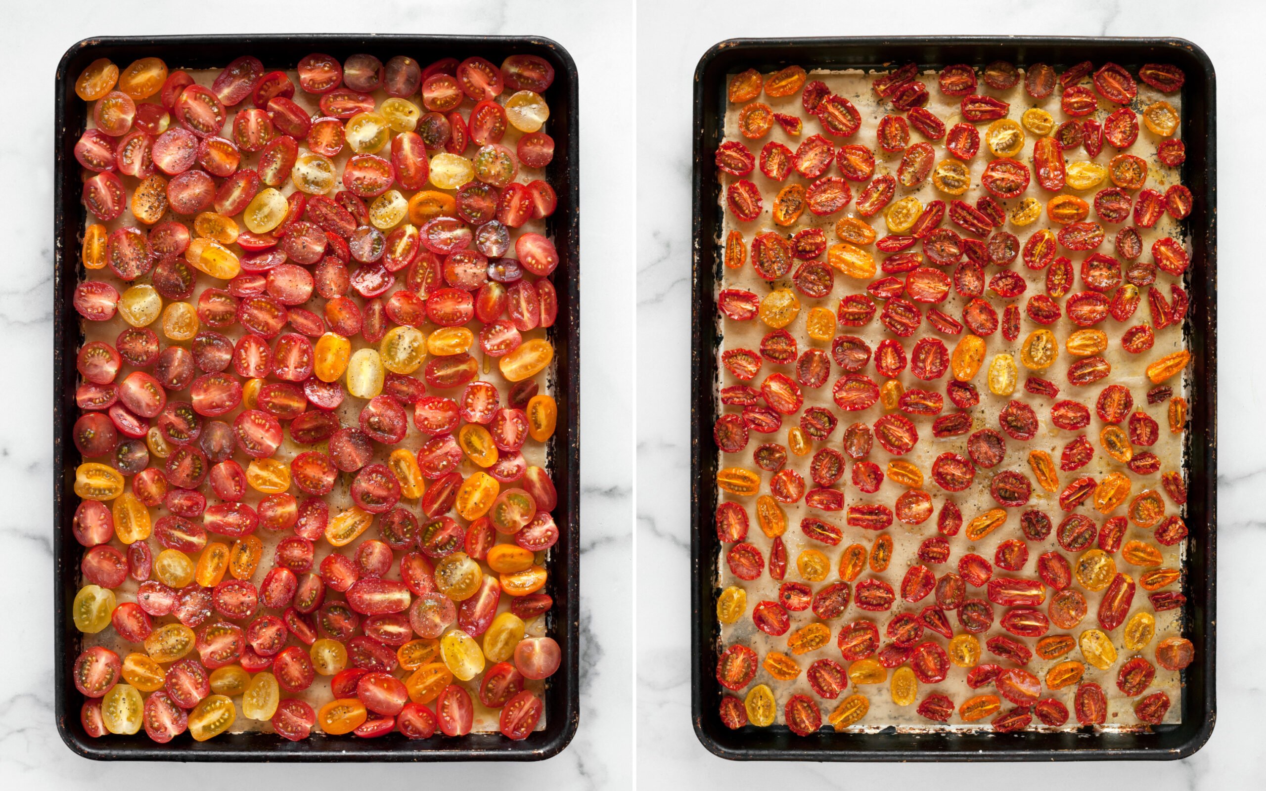 Tomatoes on a baking pan before and after they are roasted