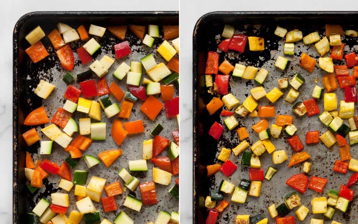 Vegetables on a sheet pan before and after they are roasted.