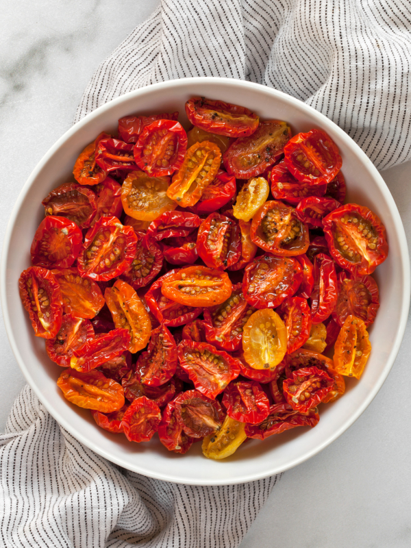 Slow-roasted tomatoes in a bowl.