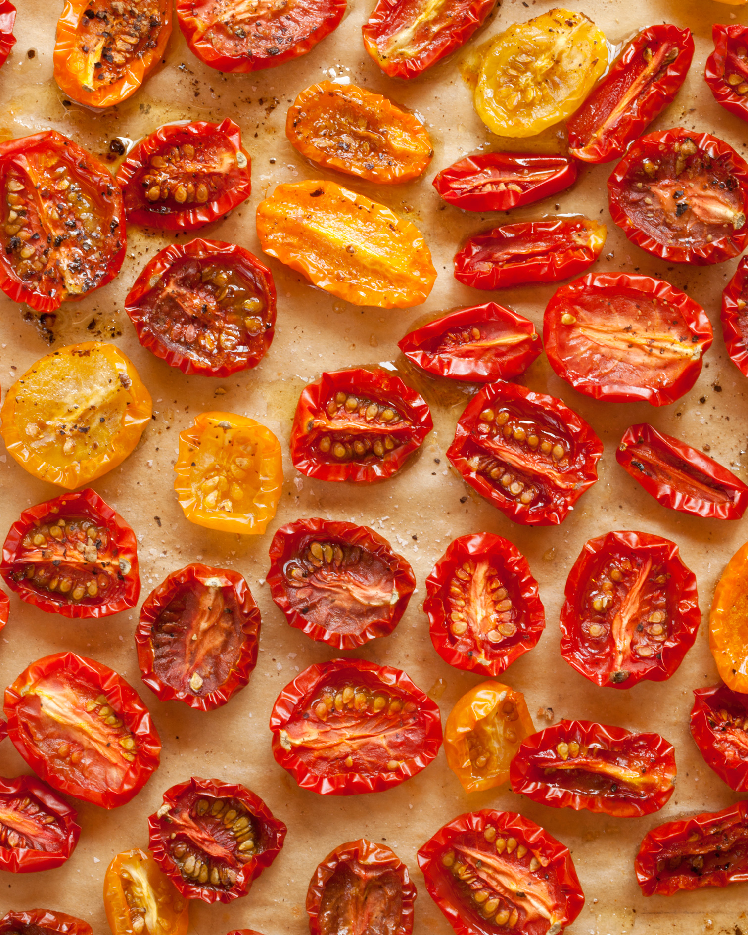 Detail view of slow-roasted cherry tomatoes.