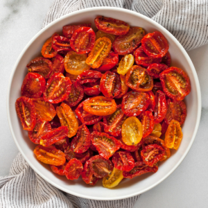 Slow-roasted tomatoes in a bowl.