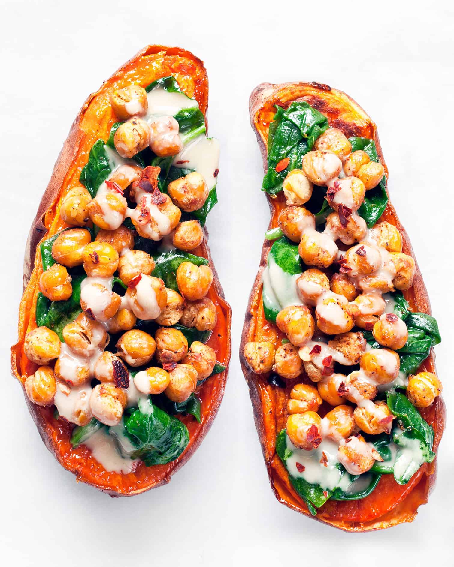 Chickpea spinach stuffed sweet potatoes.