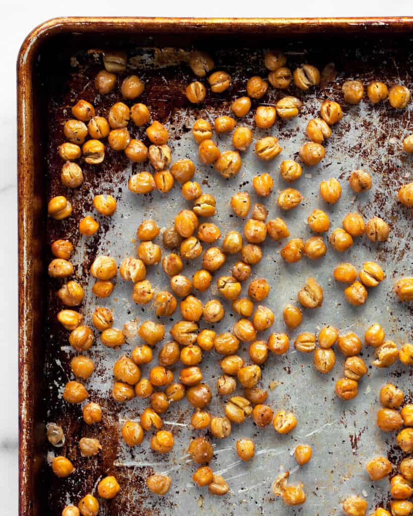 Crispy roasted chickpeas on a sheet pan