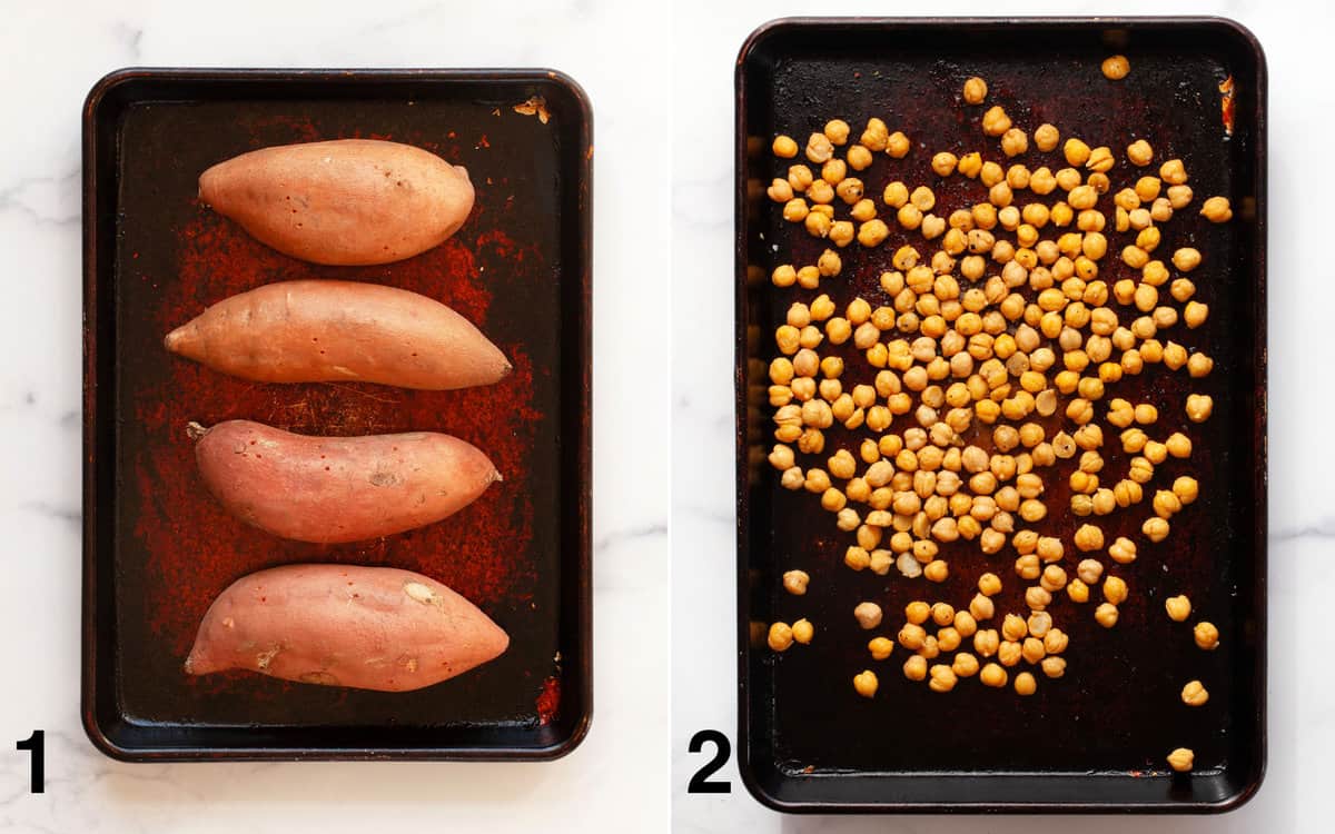 4 whole sweet potatoes on a sheet pan. Chickpeas before they roast on another sheet pan.