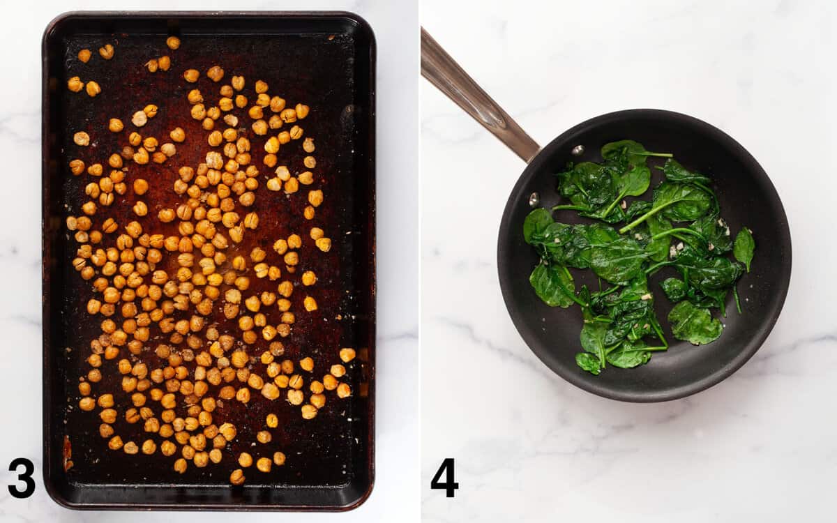 Roasted chickpeas on a sheet pan. Sauteed spinach in a skillet.