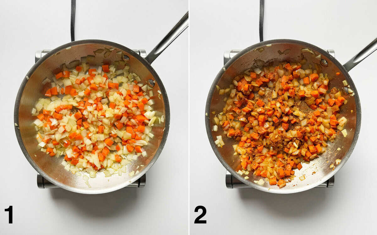 Onions and carrots sauteing in a skillet. Red curry paste, ginger, garlic, salt and pepper stirred into sauteed onions and carrots.