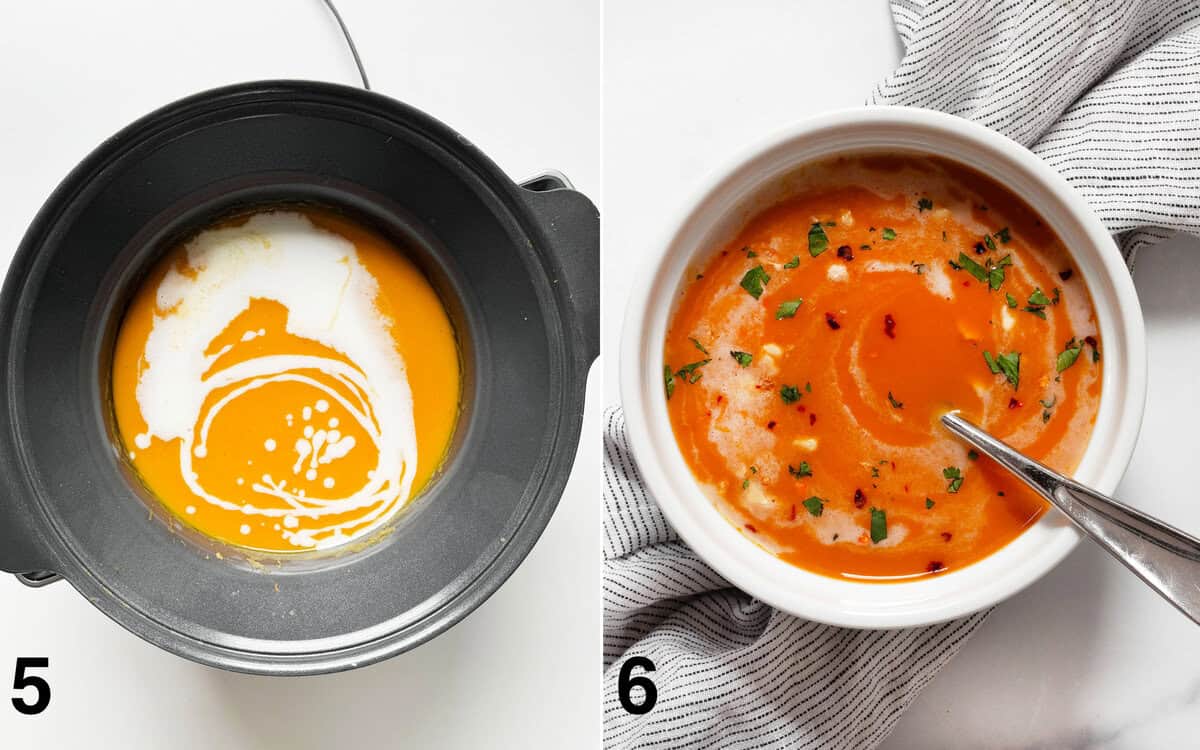 Coconut milk poured into pureed soup in the crockpot. Bowl of soup topped with chopped peanuts & cilantro and red pepper flakes.