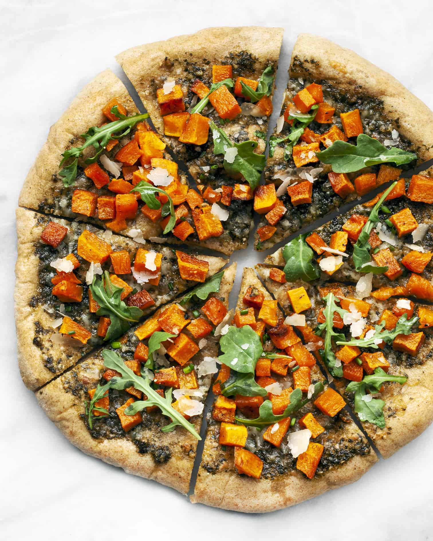Roasted Butternut Squash Pizza with Arugula and Pesto