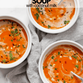 Three bowls of slow-cooker butternut squash soup.