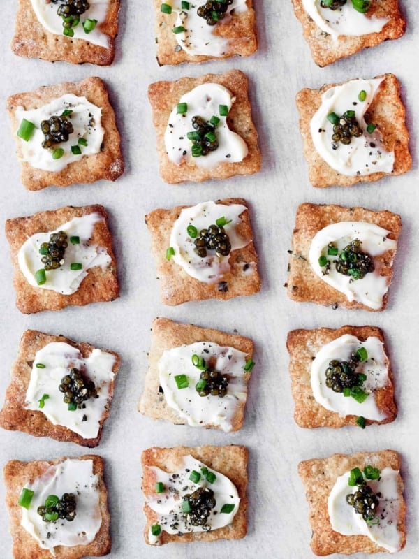 Homemade Herb Crackers with Caviar and Mascarpone