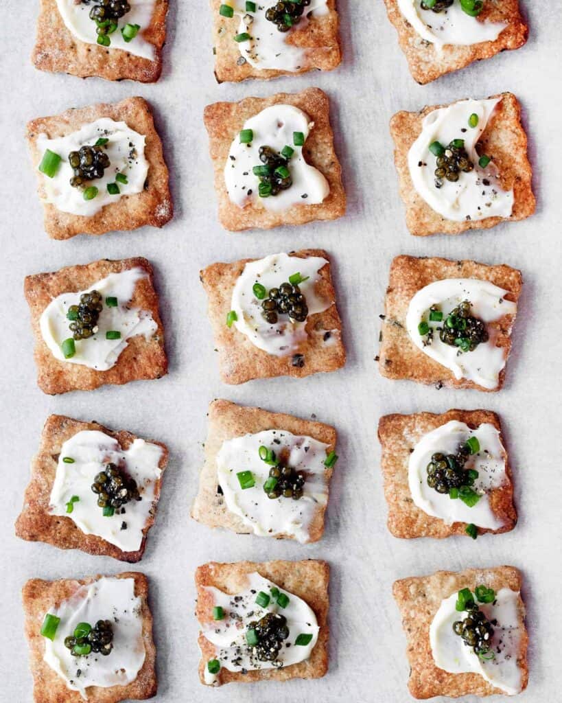 Homemade Herb Crackers with Caviar and Mascarpone
