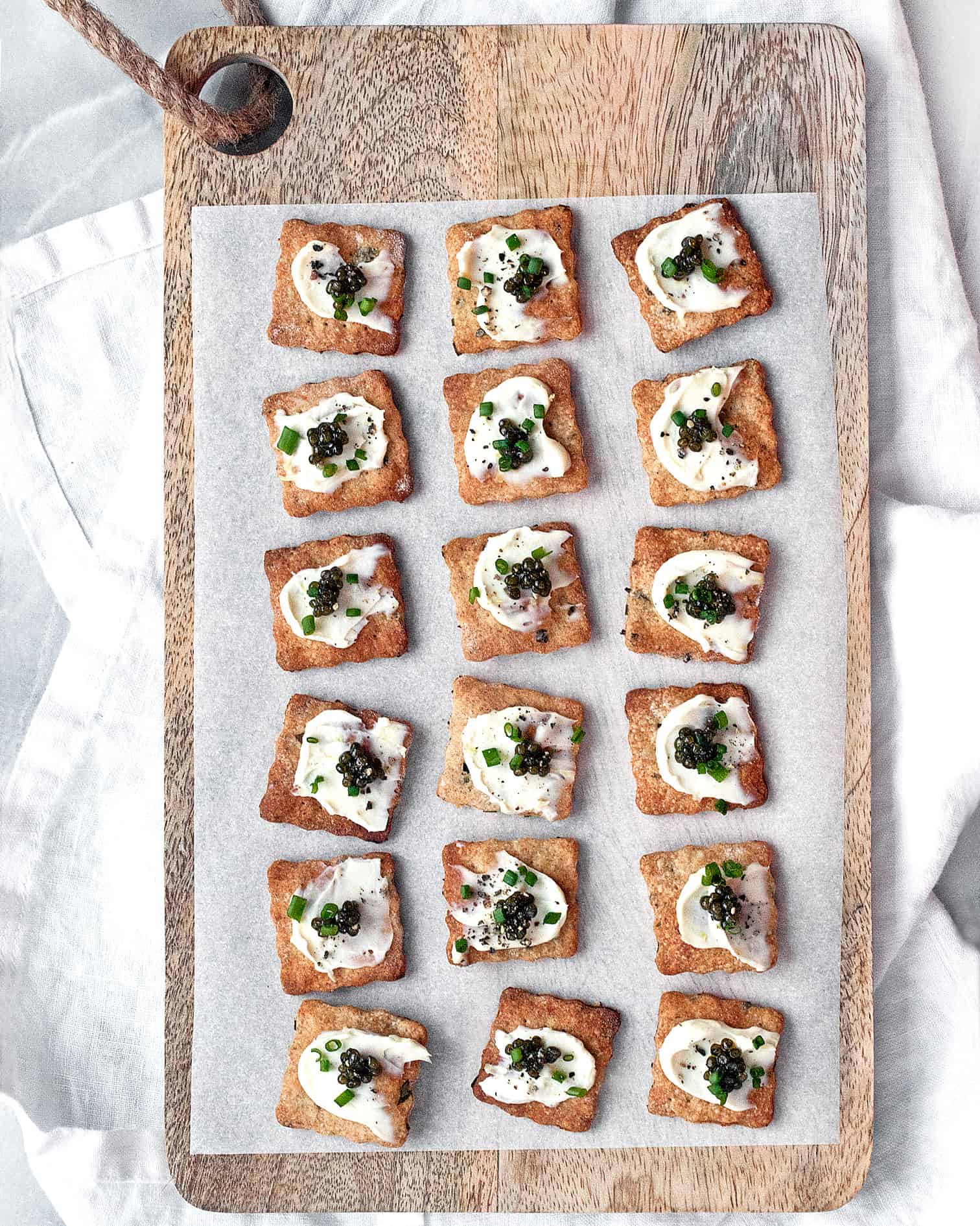 Homemade Herb Crackers with Caviar and Mascarpone