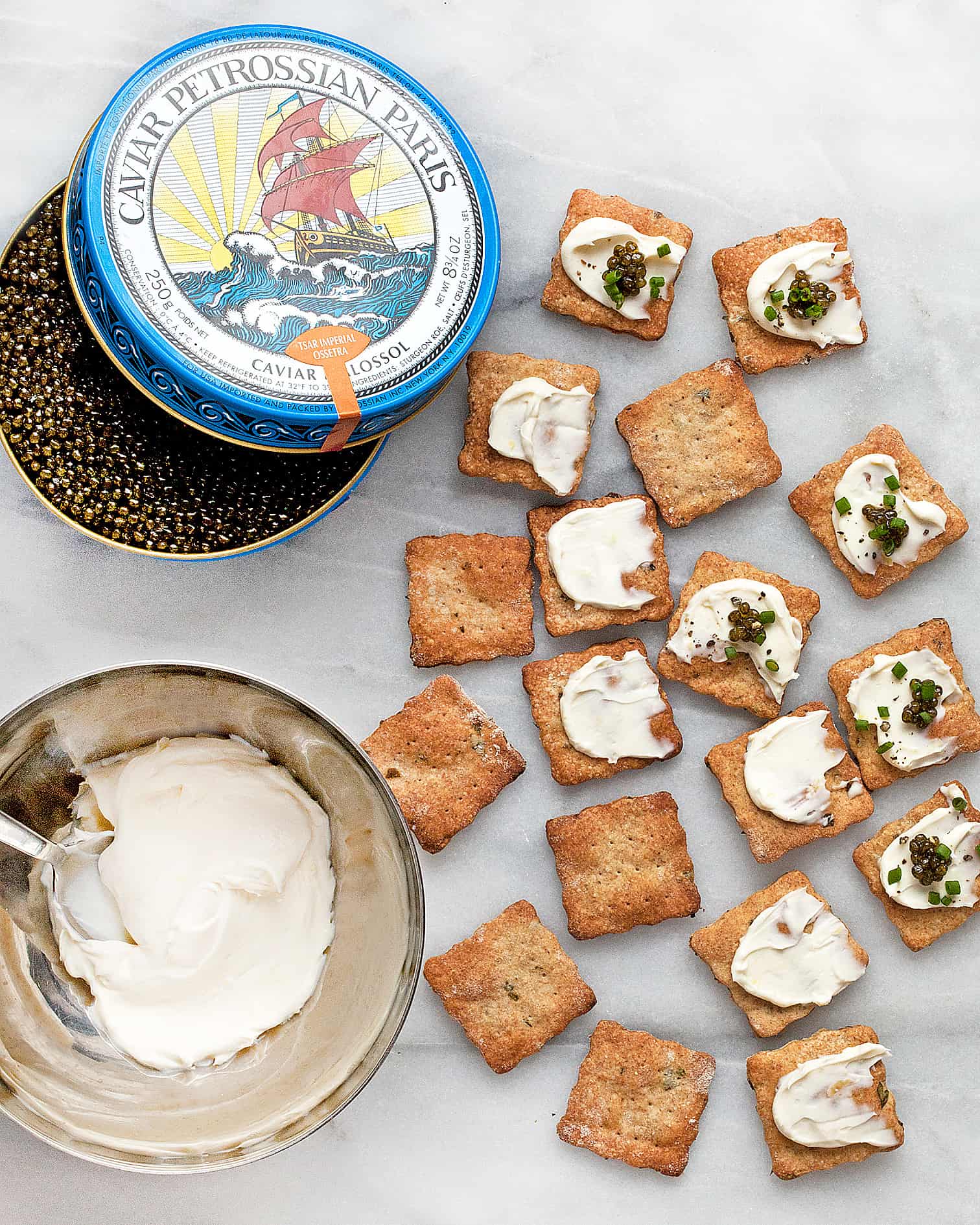 Homemade Herb Crackers with Caviar and Mascarpone