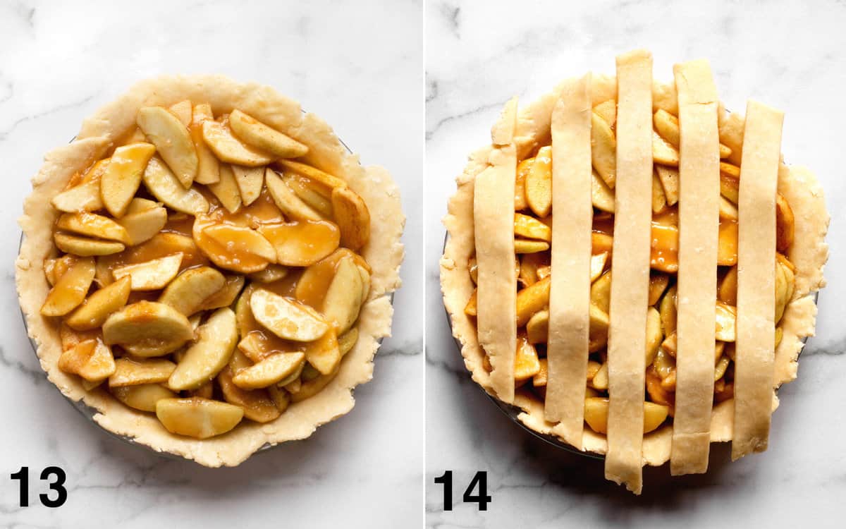 Pour the caramel over the apples. Lay the strips in one direction over the pie.