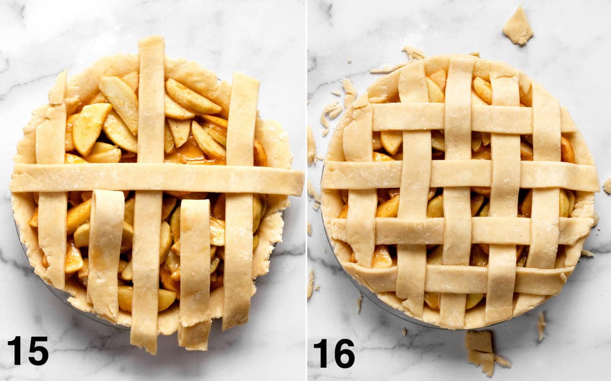 Fold back half the strips and put another strip in the perpendicular direction. Repeat for the remaining strips. Trim the edges of the pie.