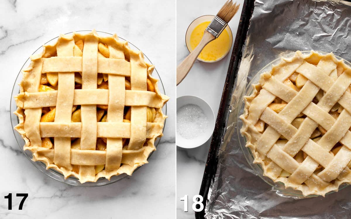 Crimp the edges of the pie. Brush the crust with egg wash and sprinkle with sanding sugar.