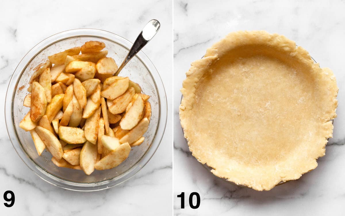 Make the apple pie filling in a large bowl. Roll out the dough and put it in the pie dish.
