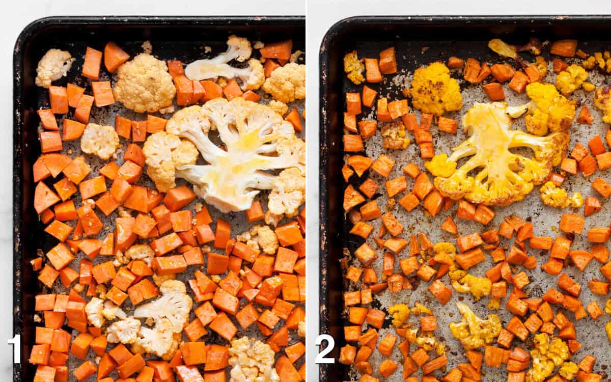 Sweet potatoes and cauliflower on a sheet pan before and after they roast.