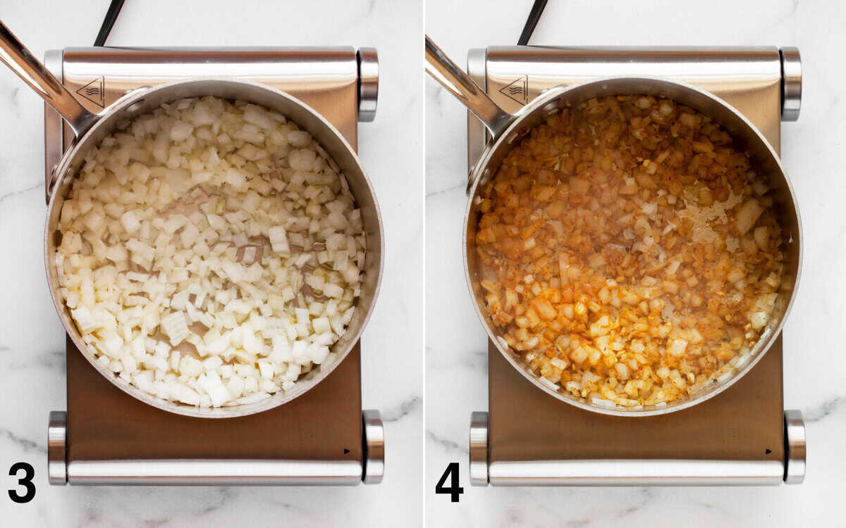 Onions sauteing in a pot. Garlic and seasonings stirred into onions.