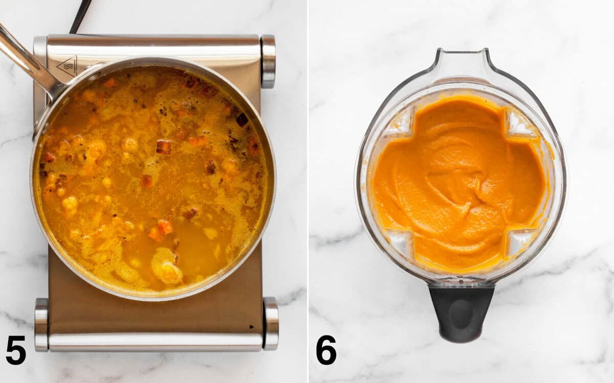 Soup simmering in a pot. Pureed soup in a blender.