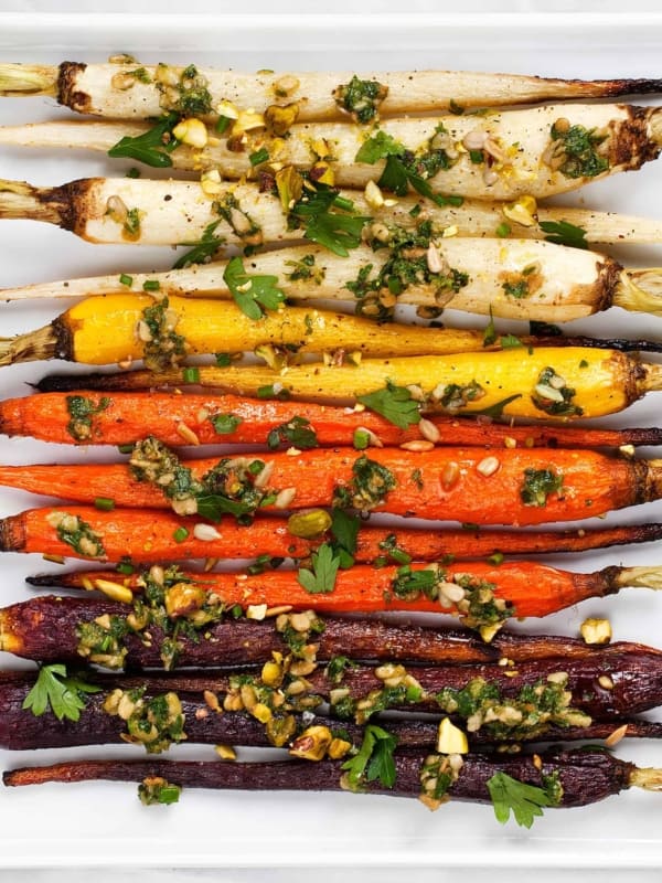 Roasted Rainbow Carrots with Carrot Top Pesto