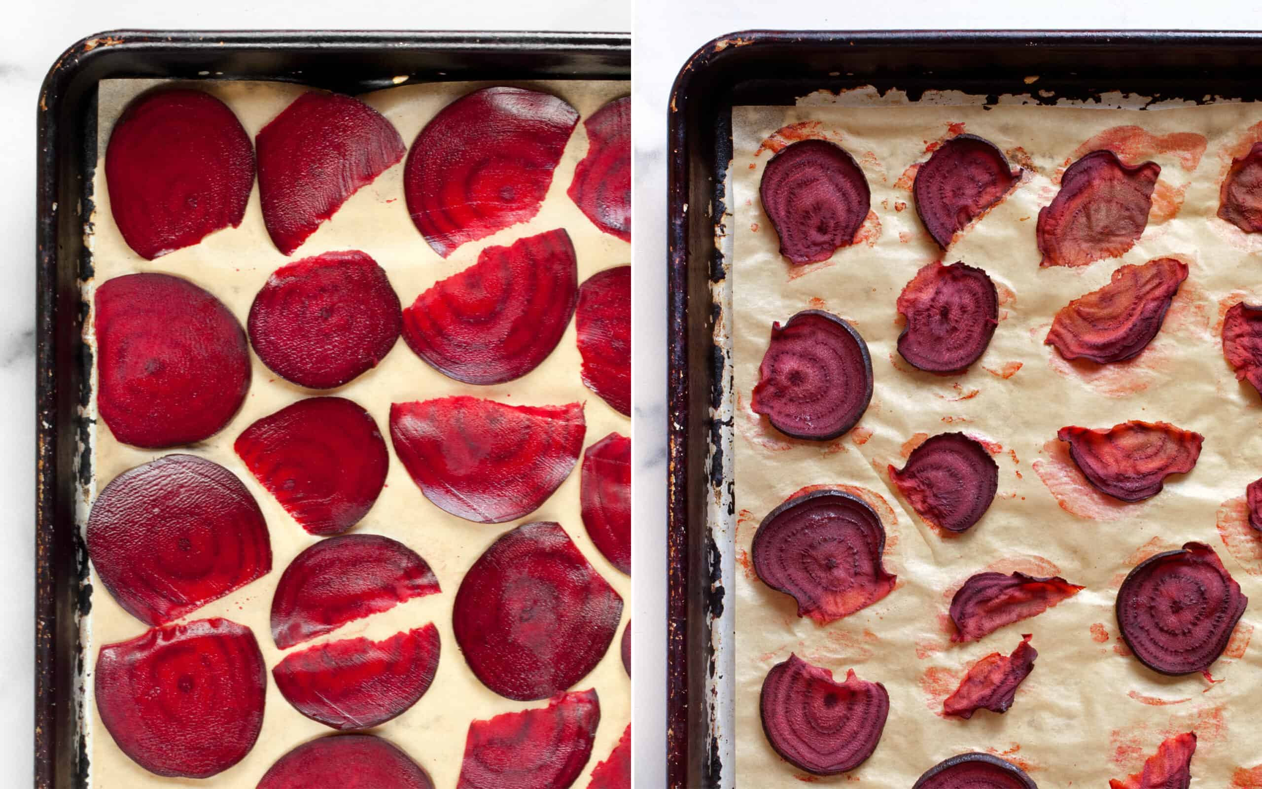 Red beets on a sheet pans raw and baked