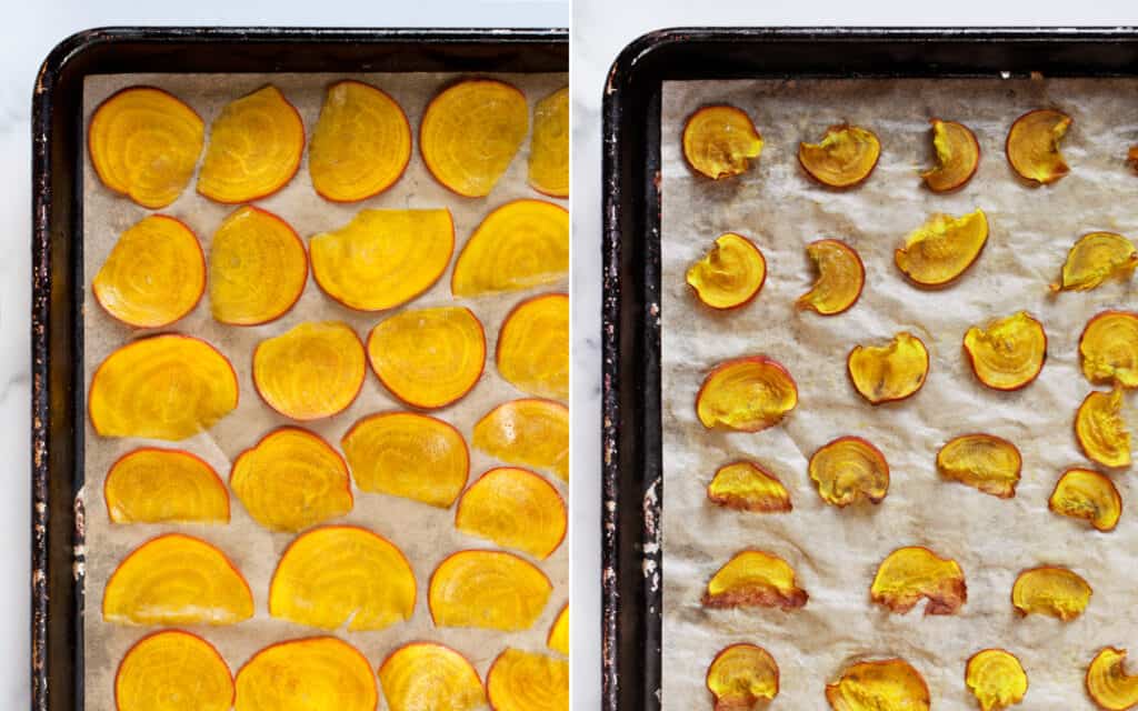 Golden beets on a sheet pans raw and baked