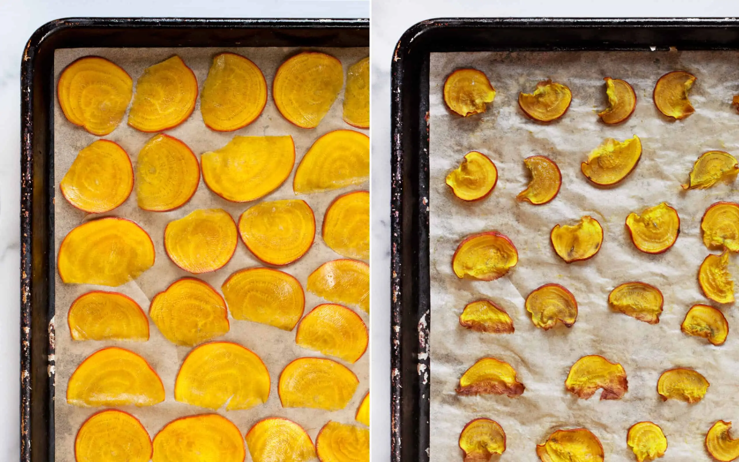 Golden beets on a sheet pans raw and baked