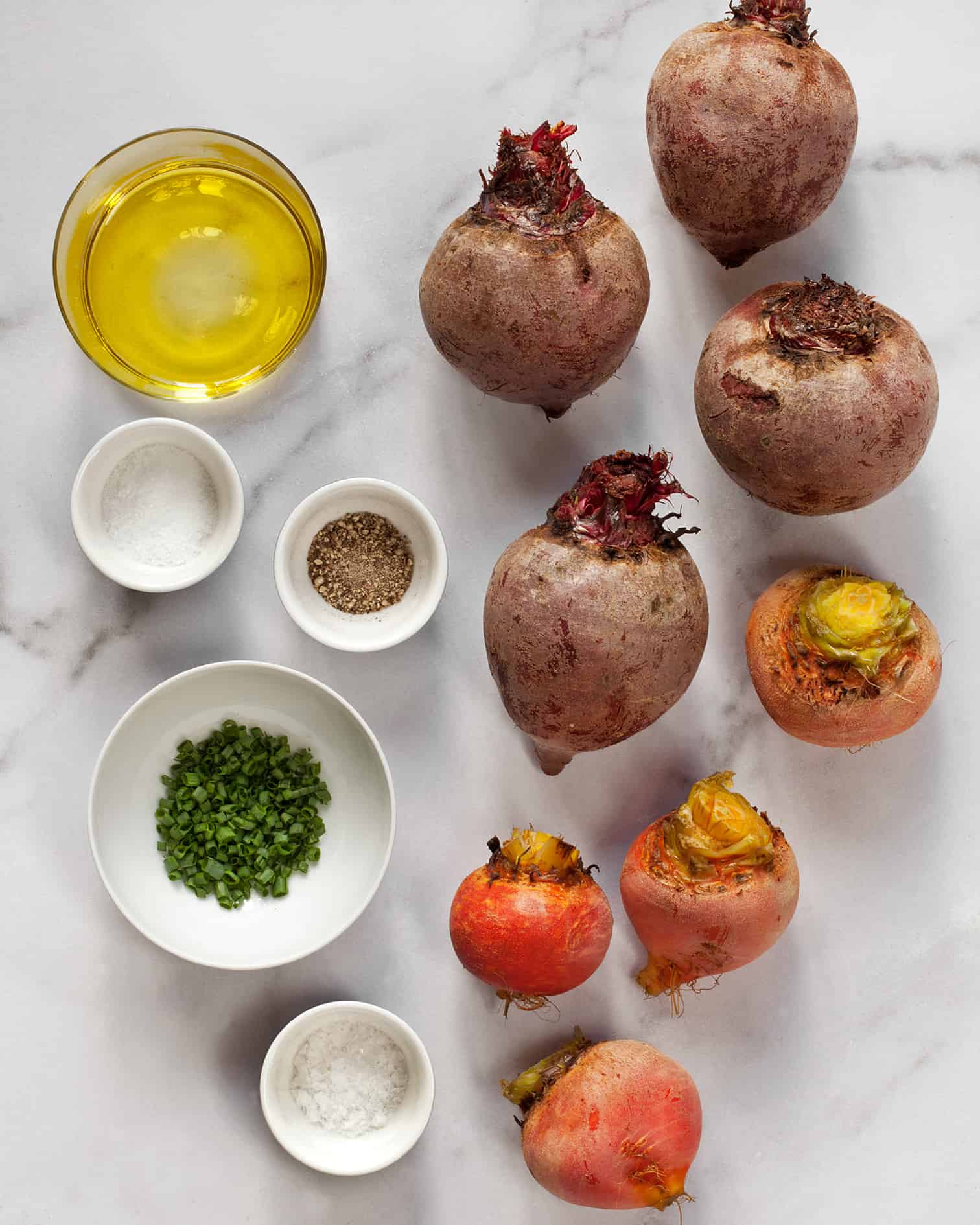 Ingredients including beets, olive oil, salt, pepper and chives