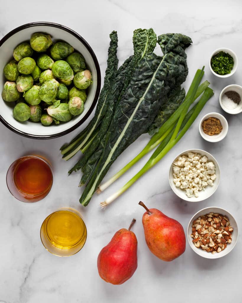 Ingredients including brussels sprouts, kale and pears