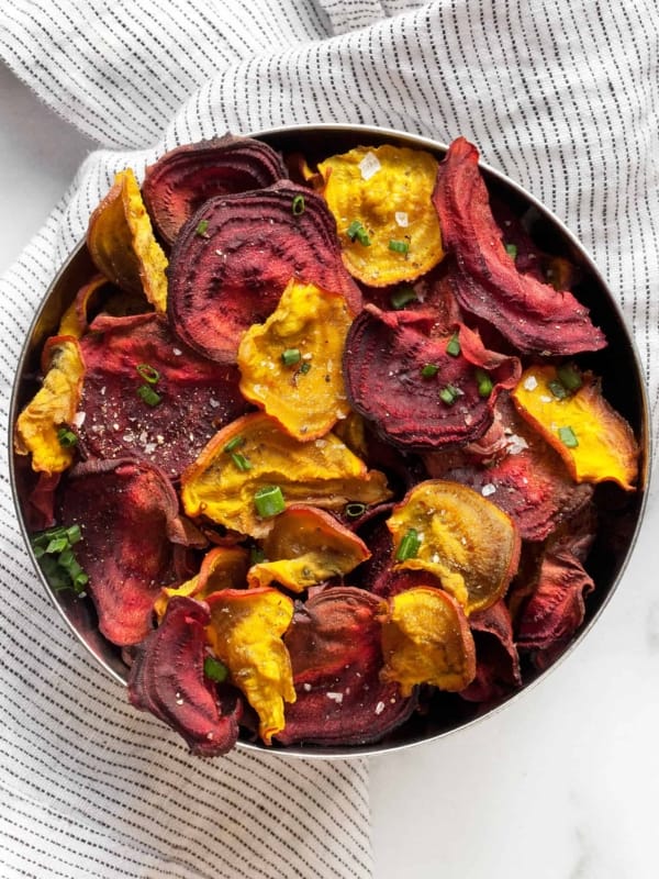 Baked beet chips in a bowl