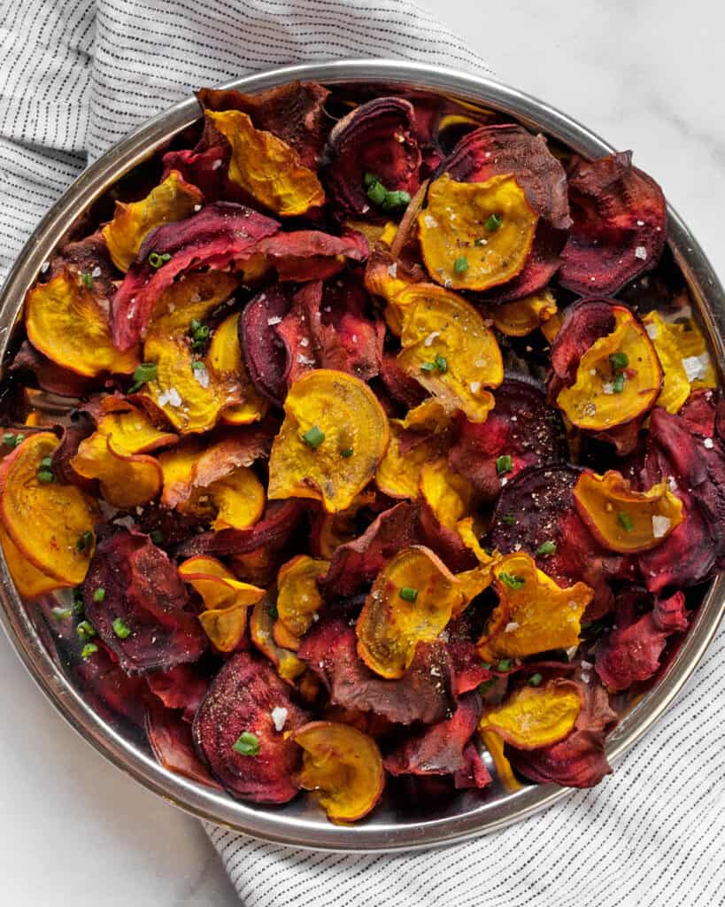 Baked beet chips on a plate