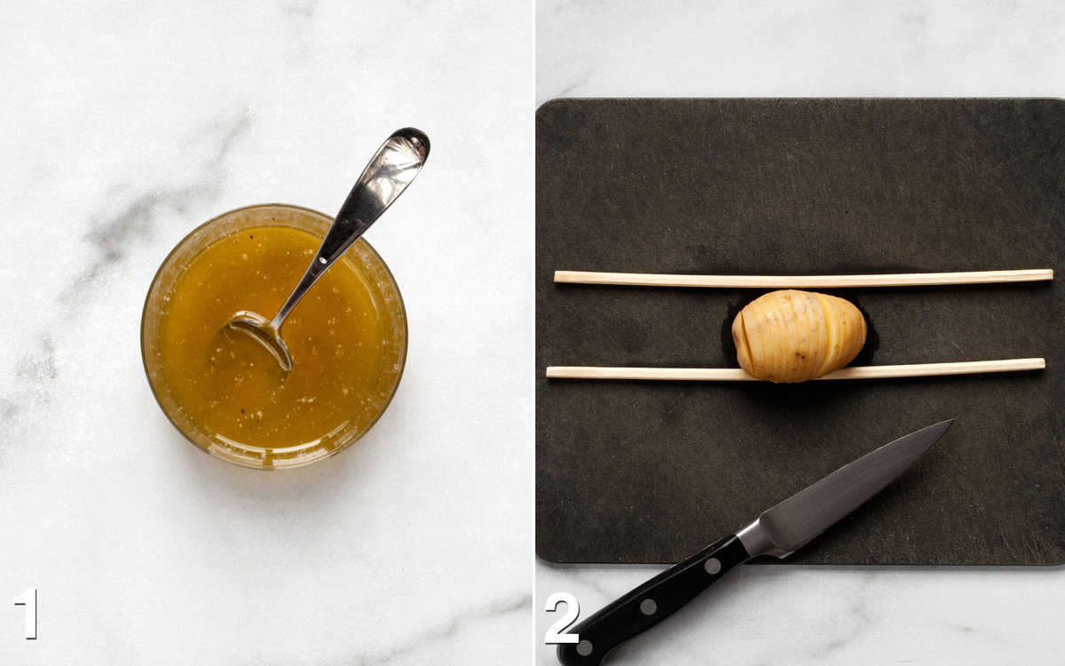 Olive oil, melted butter, salt and pepper stirred together in a small bowl. Baby potato sliced thinly with chopsticks on either side on a cutting board.