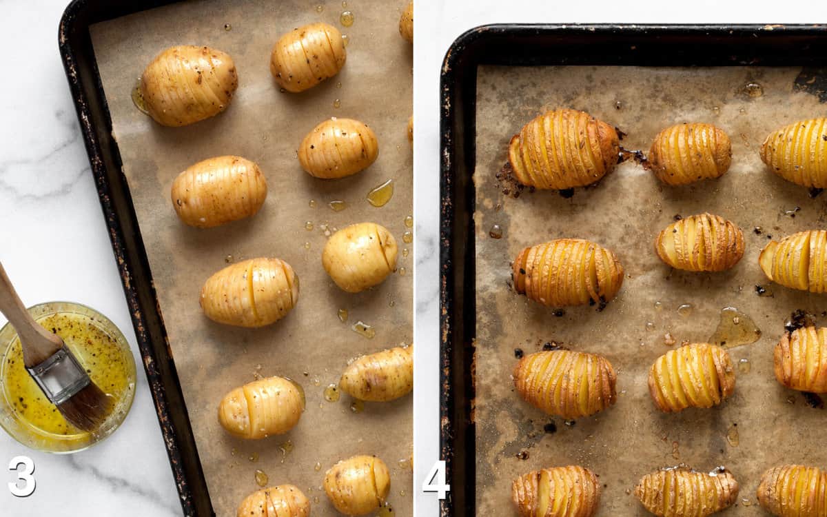 Potatoes on a pan brushed with oil-butter mixture. Roasted potatoes on the pan.