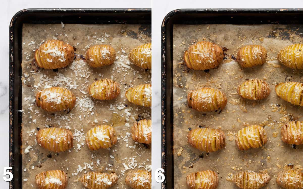 Potatoes sprinkled with Parmesan before and after they go in the oven.