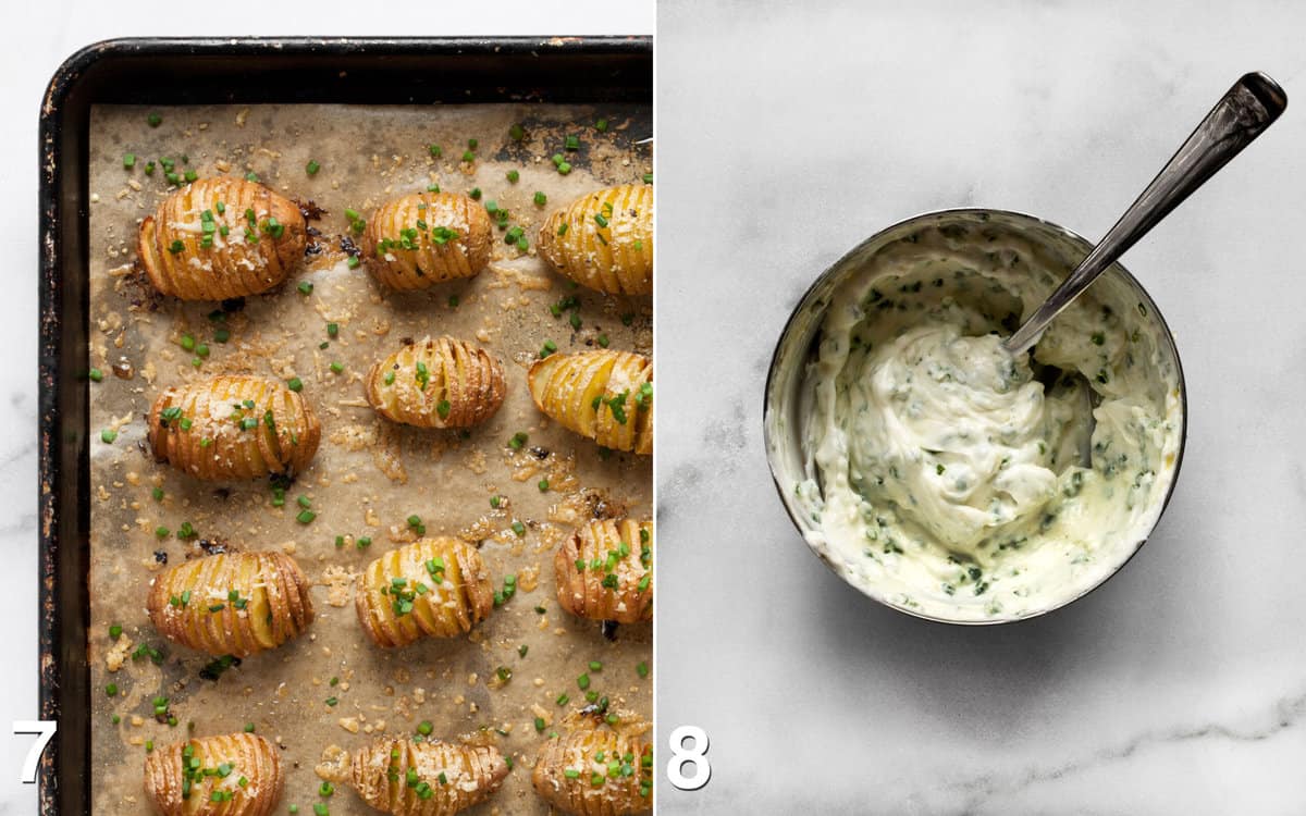 Hasselback potatoes topped with chives. Herby yogurt stirred in a bowl.