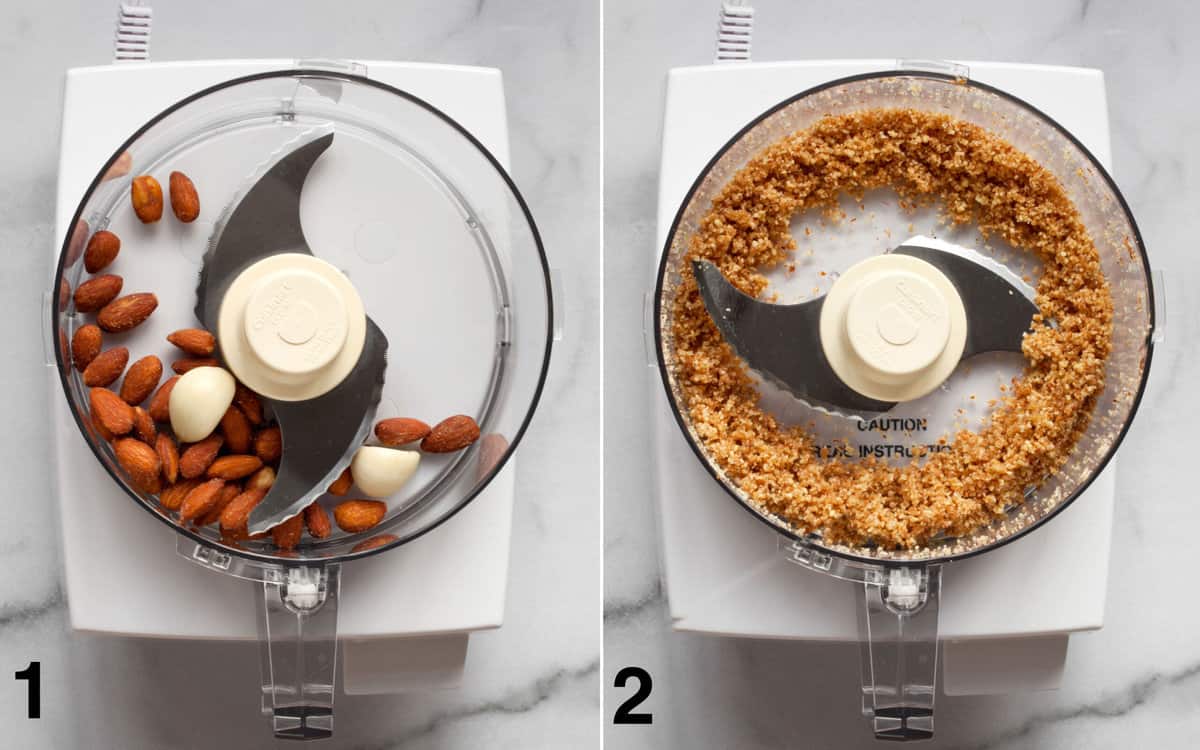 Almonds and garlic cloves in a food processor before and after they are finely chopped.