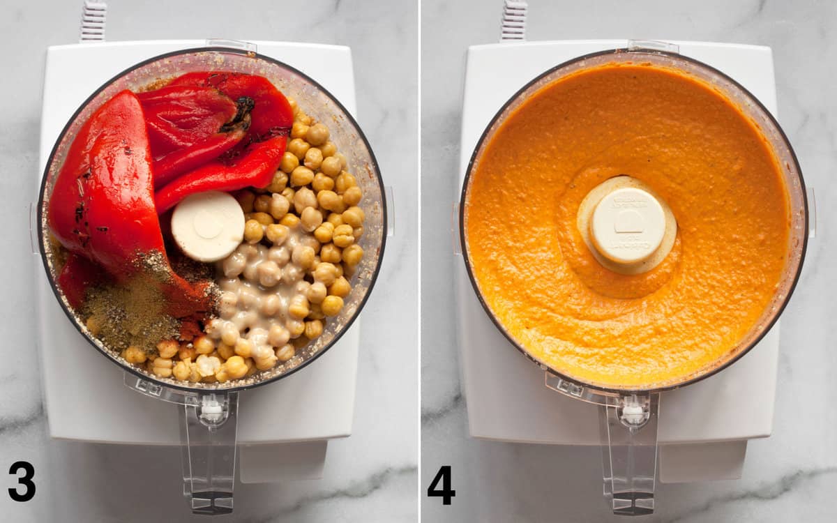 Hummus ingredients int he food processor before and after they are pureed into hummus.