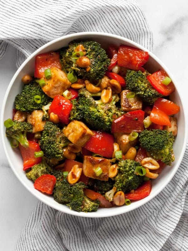 Kung pao tofu in a bowl.