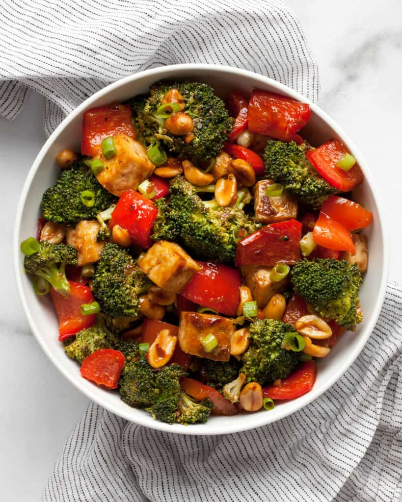 Kung pao tofu in a bowl.