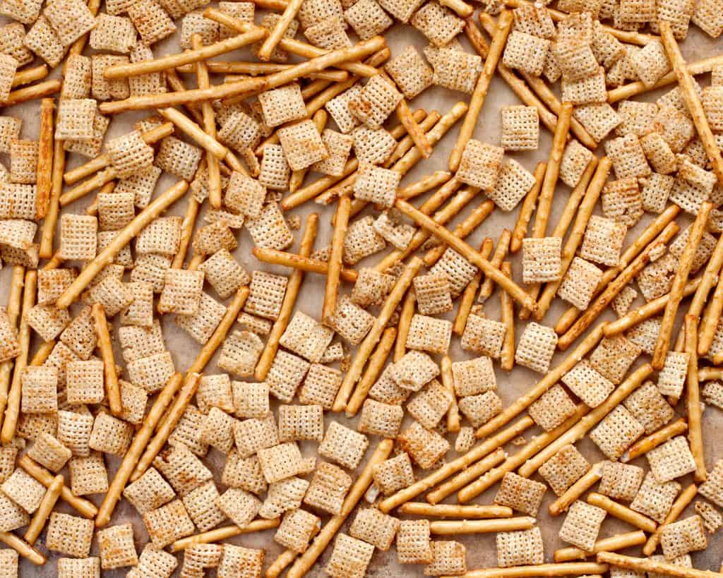 Cereal and pretzel sticks for snack mix