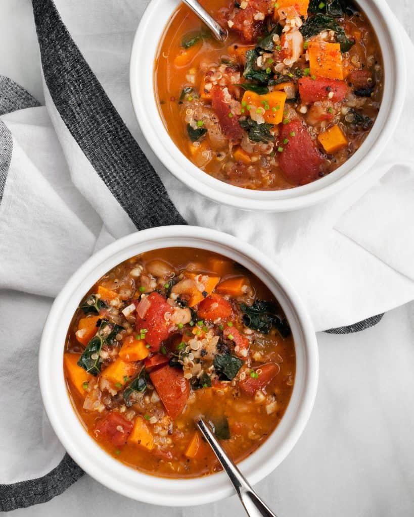 White Bean, Sweet Potato, Tomato and Kale Soup