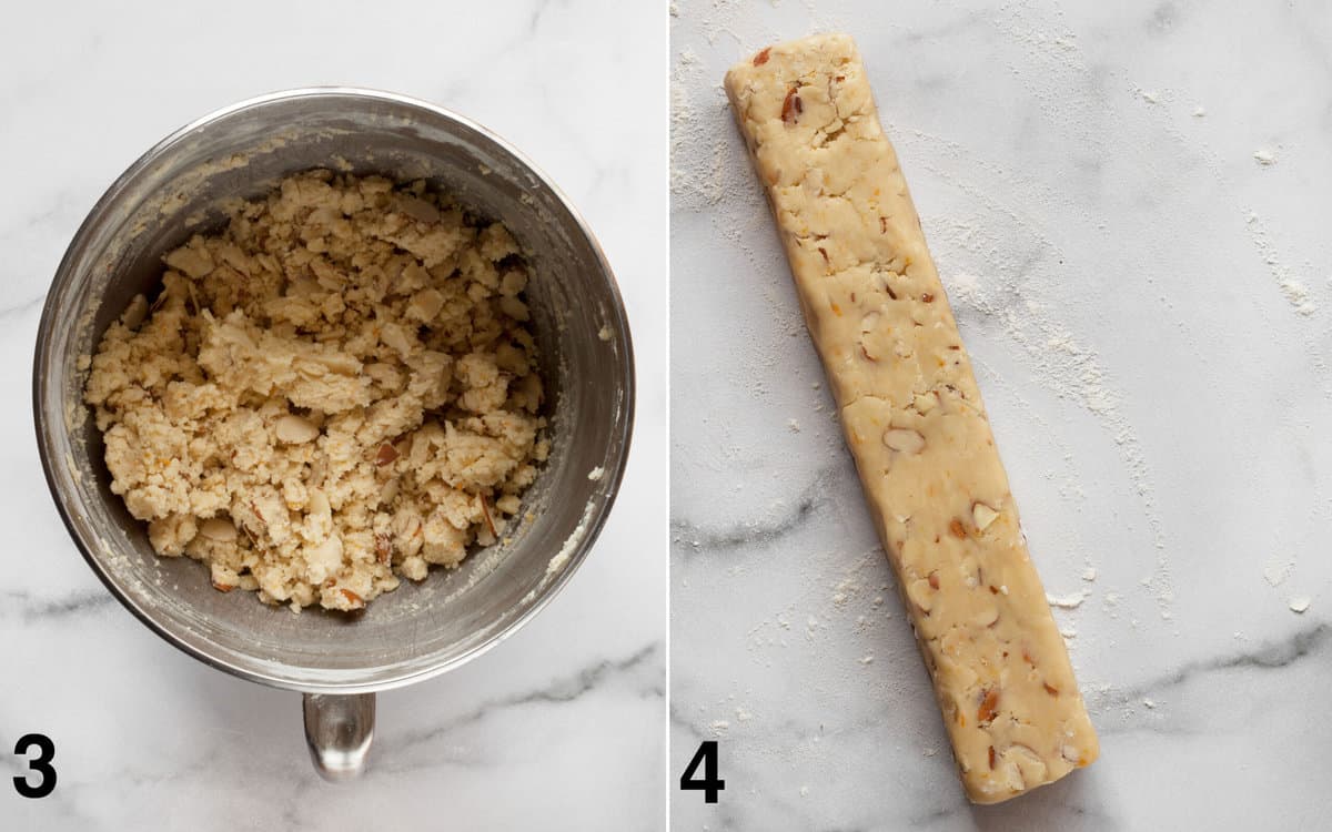 Dough in a bowl. Dough shaped into a log.