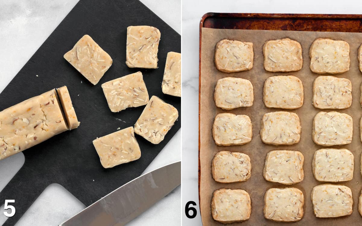 Dough sliced into cookies on a cutting board. Baked cookies on a sheet pan.