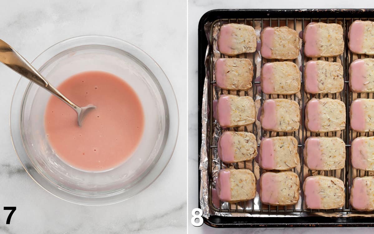 Pink icing mixed in a bowl. Cookies dipped in icing on a wire rack.