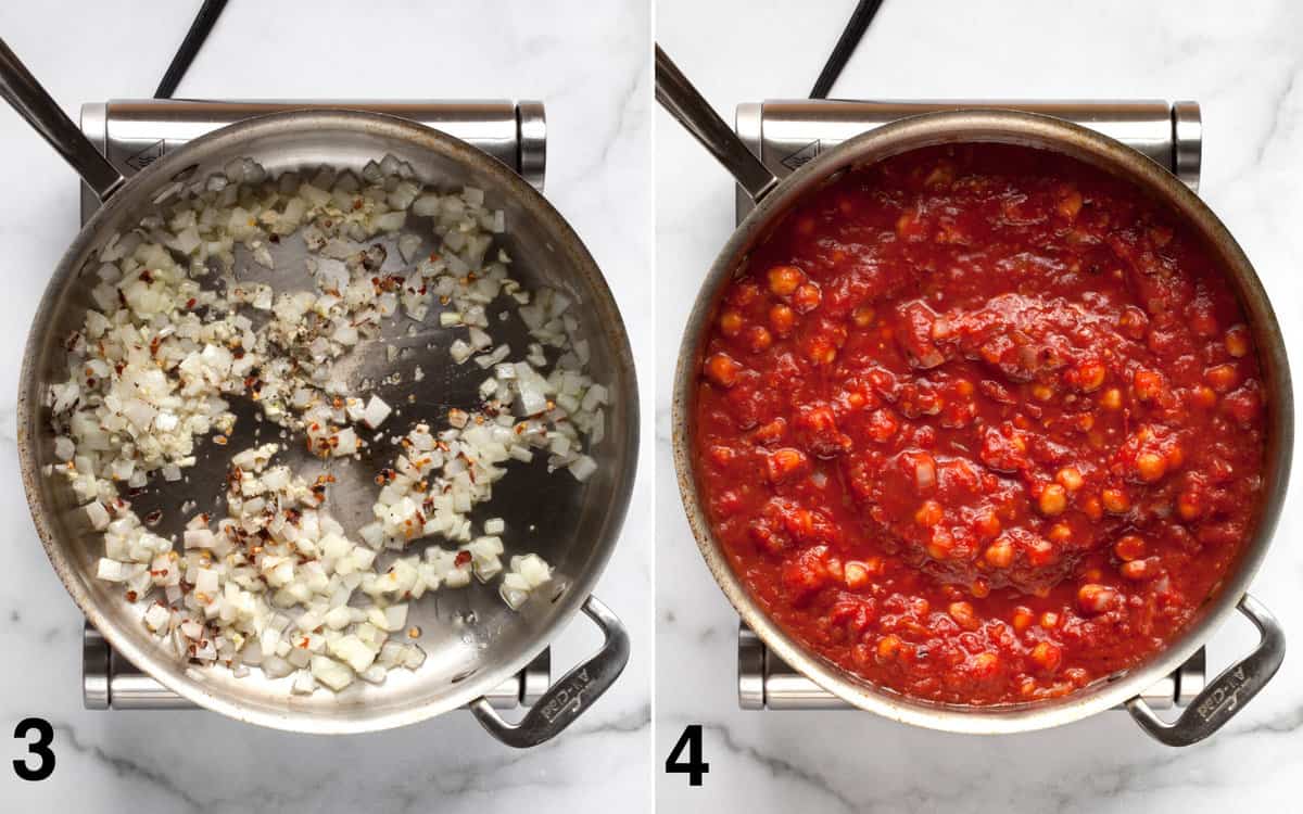 Minced garlic and spiced stirred into sauteed onions. Tomatoes and chickpeas poured into pan.