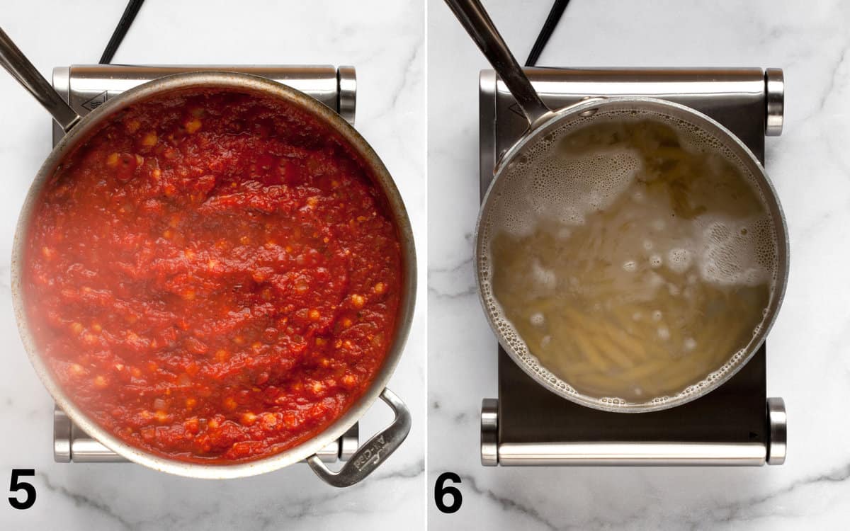 Sauce simmering. Pasta cooking in separate pot.